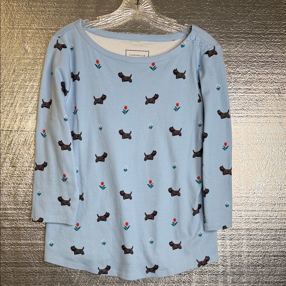 Charter Club Light Blue Long Sleeve Top with Dog Print